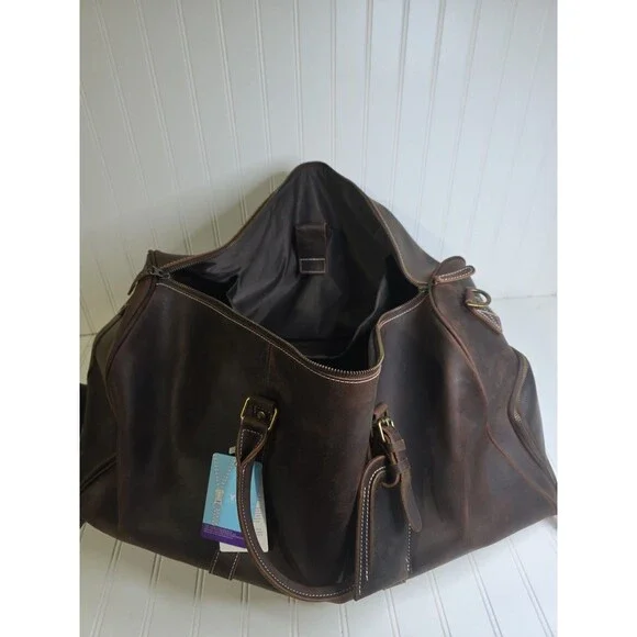 NEW LEATHFOCUS CHOCOLATE BROWN LEATHER TRAVEL DUFFLE BAG CARRY ON LUGGAGE-24inch - Picture 10 of 16